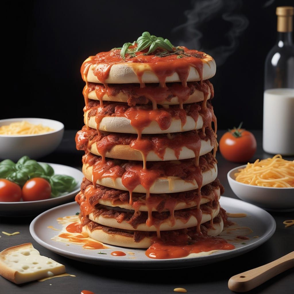 Majestic Tower of Pizza in Culinary Chaos