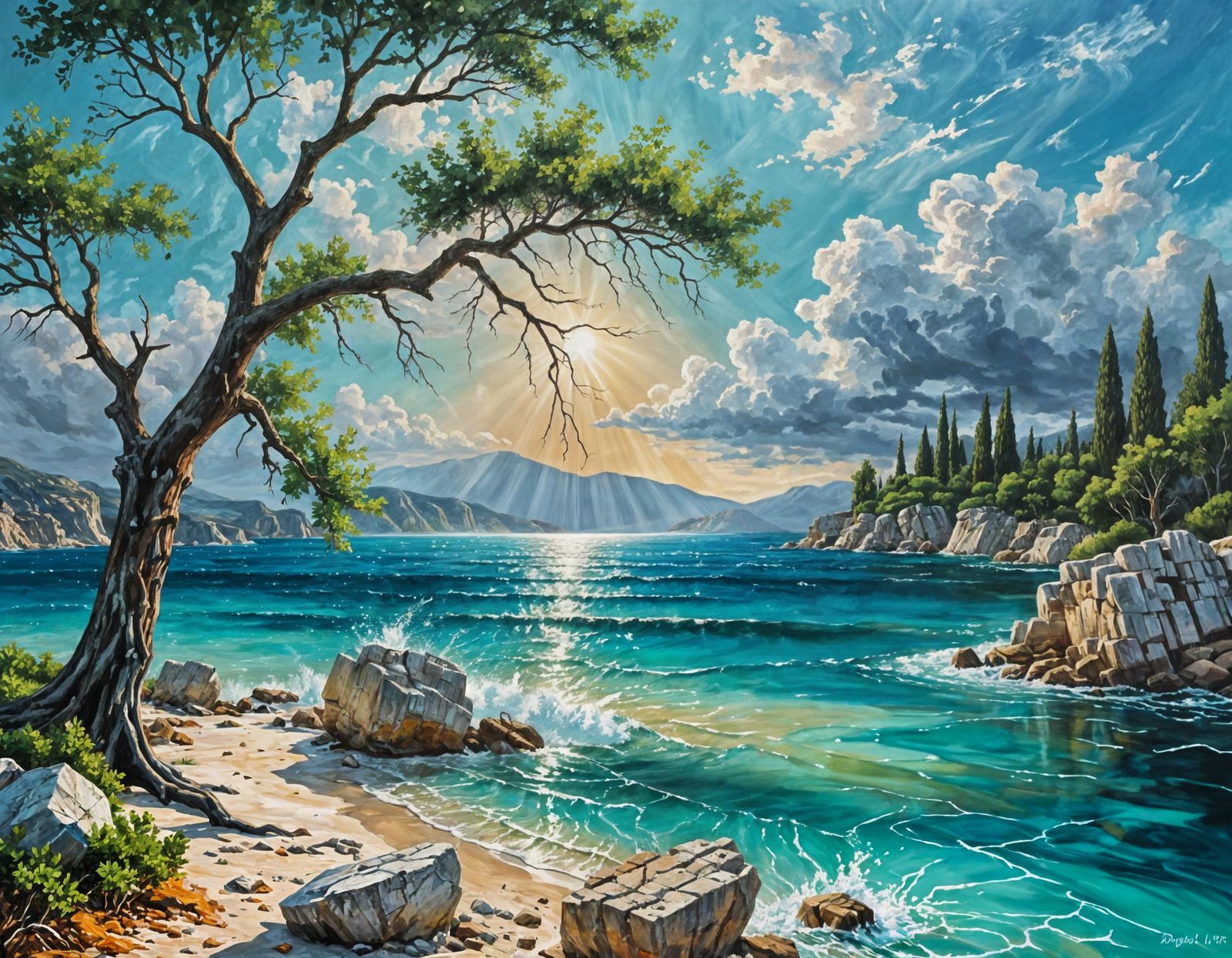 Ancient Greek Landscape with Turquoise Lake and Emerald Fore...