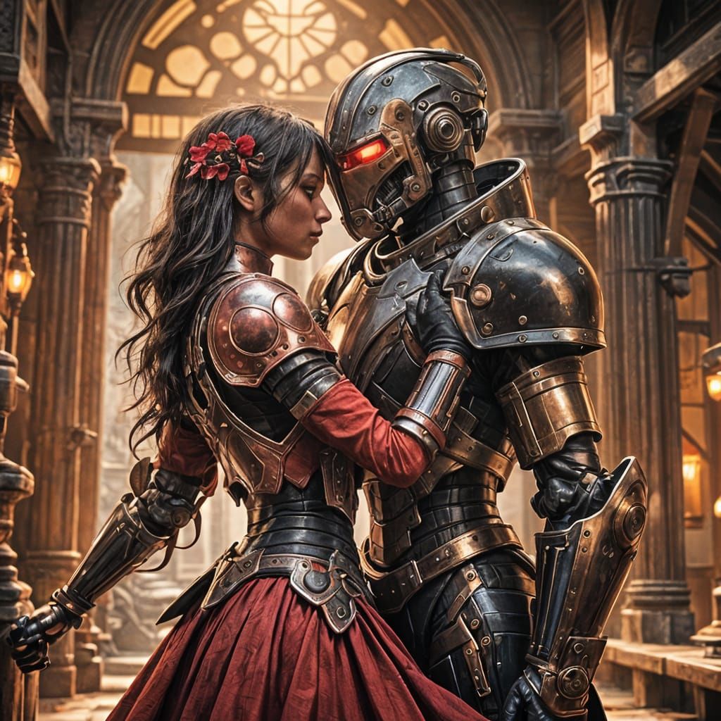 Anime Girl and Warforged Artificer Embrace