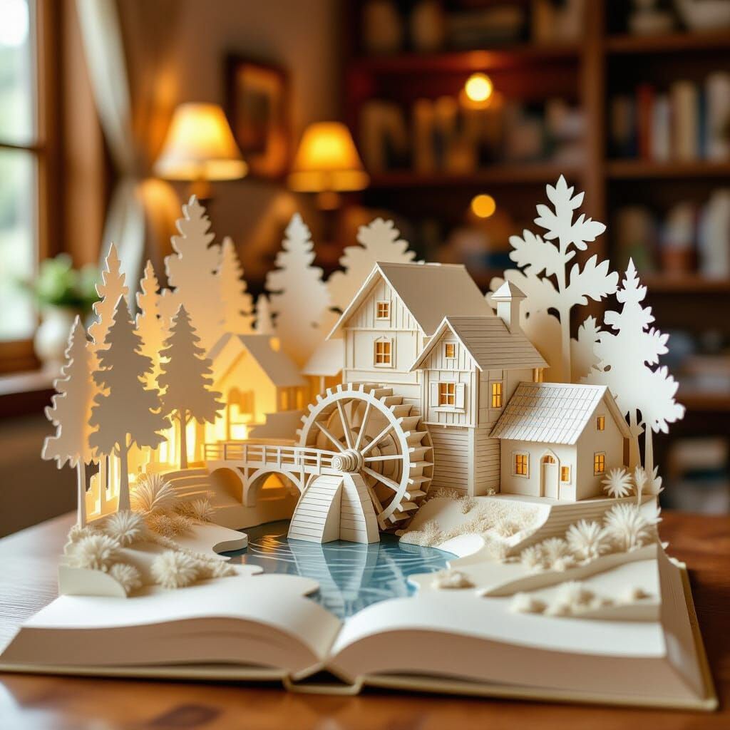 Paper Landscape: Ancient Watermill Scene with Warm Ambiance