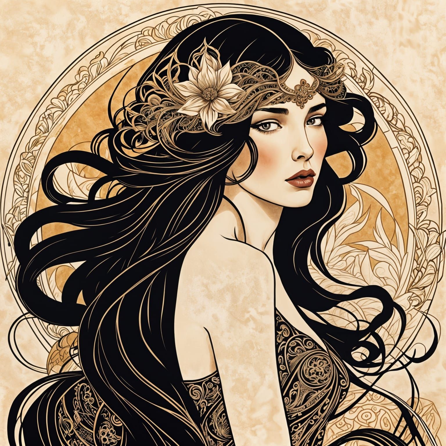 Elegant Dark-Haired Lady in Black Line Art