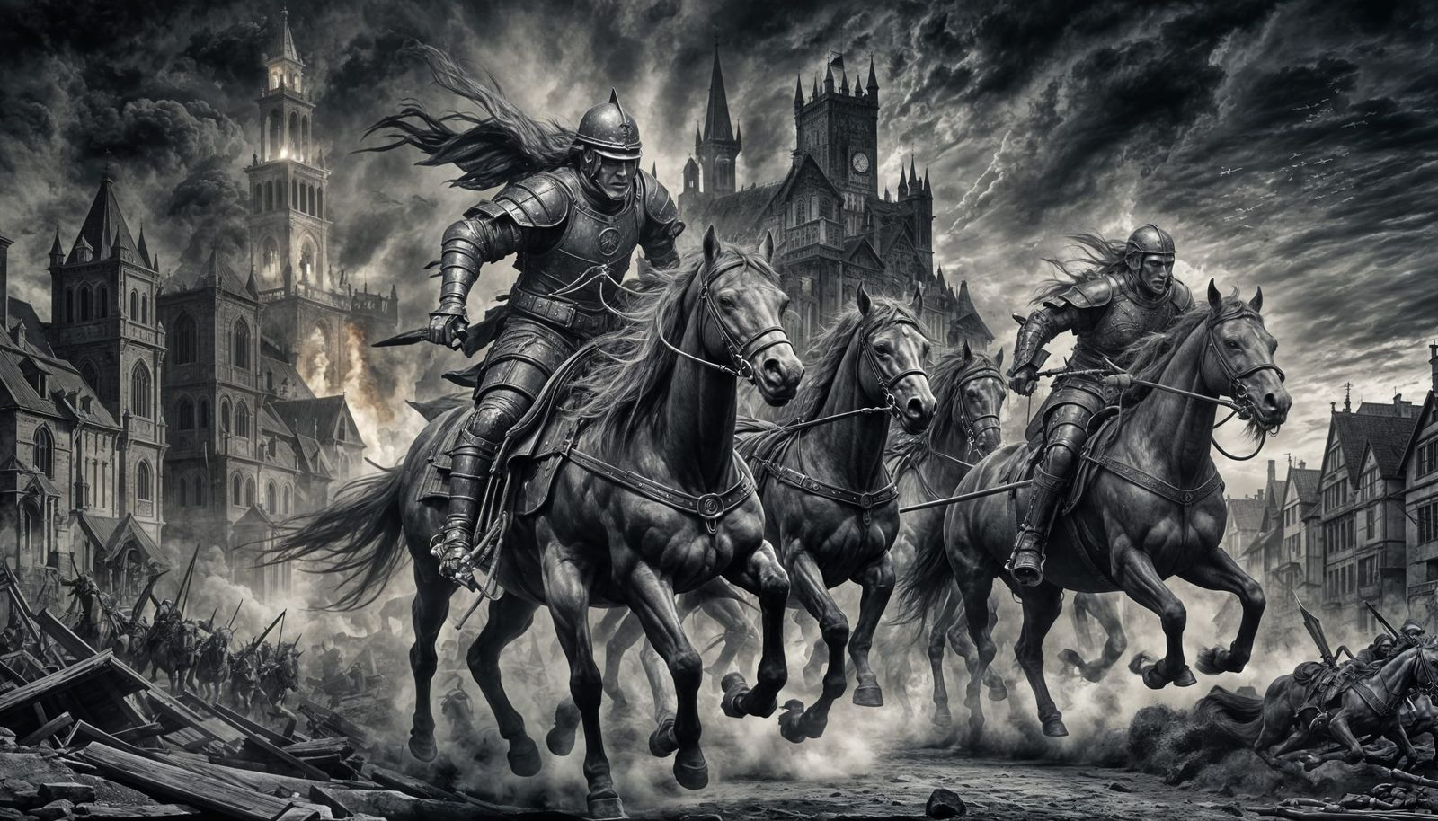 Apocalyptic Horsemen Over Burning City, Dürer Style