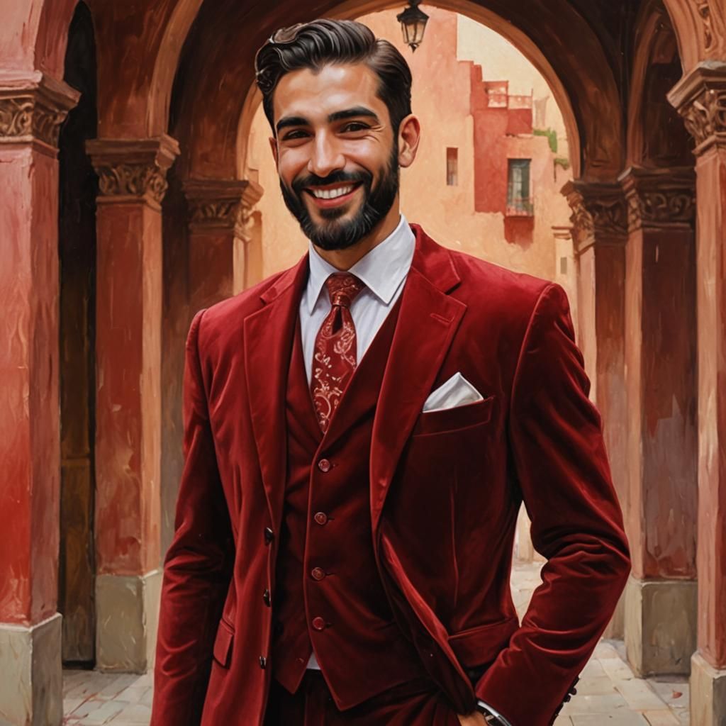 Elegant Man in Red Velvet Suit, Impressionist Style
