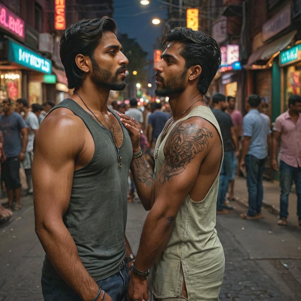 Passionate Kiss in Neon-Lit Indian Street: Hyperrealistic Ar...