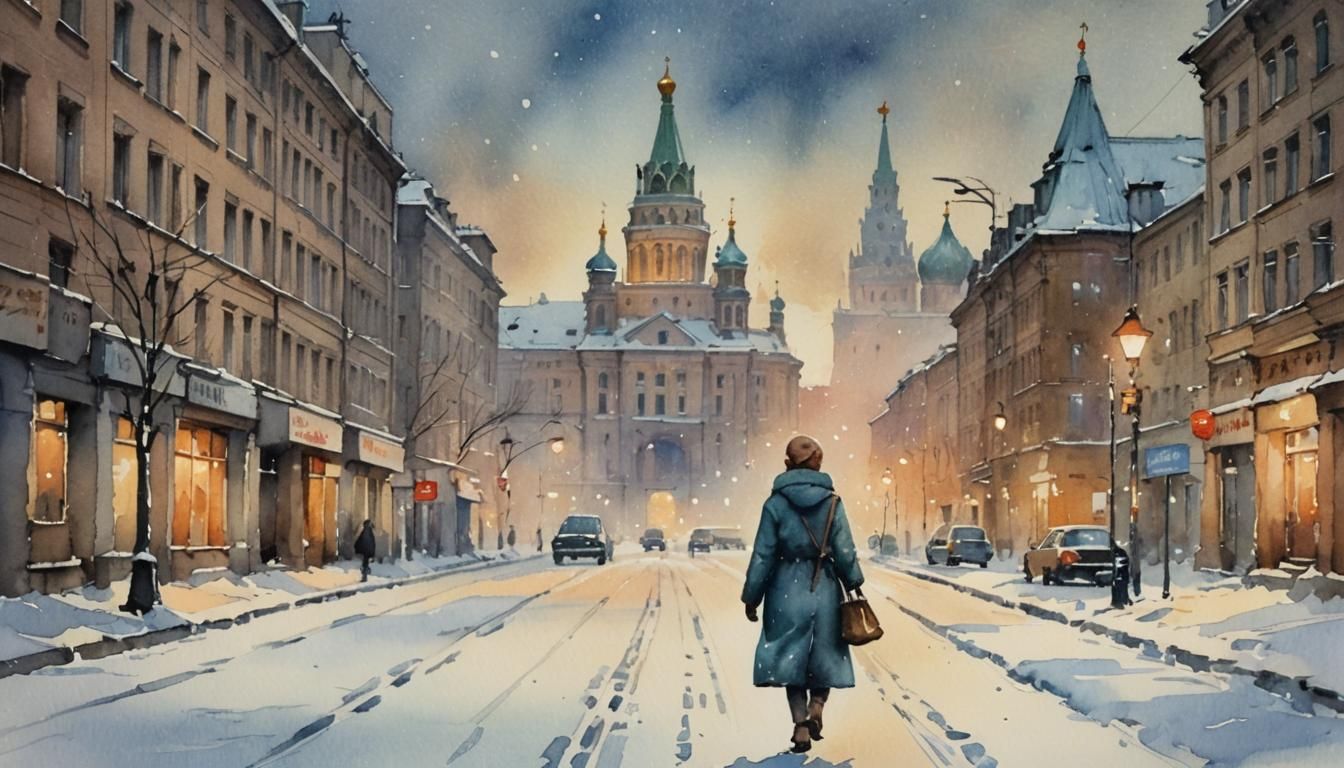 1980s Moscow Street Scene in Watercolor