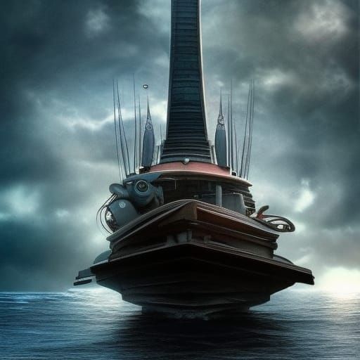 Futuristic Boats Survive Tsunami in Digital Painting