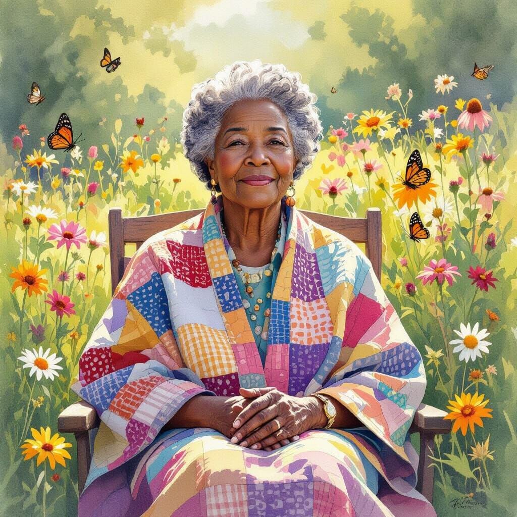 Elderly Woman in Sun-Drenched Garden: Watercolor Art