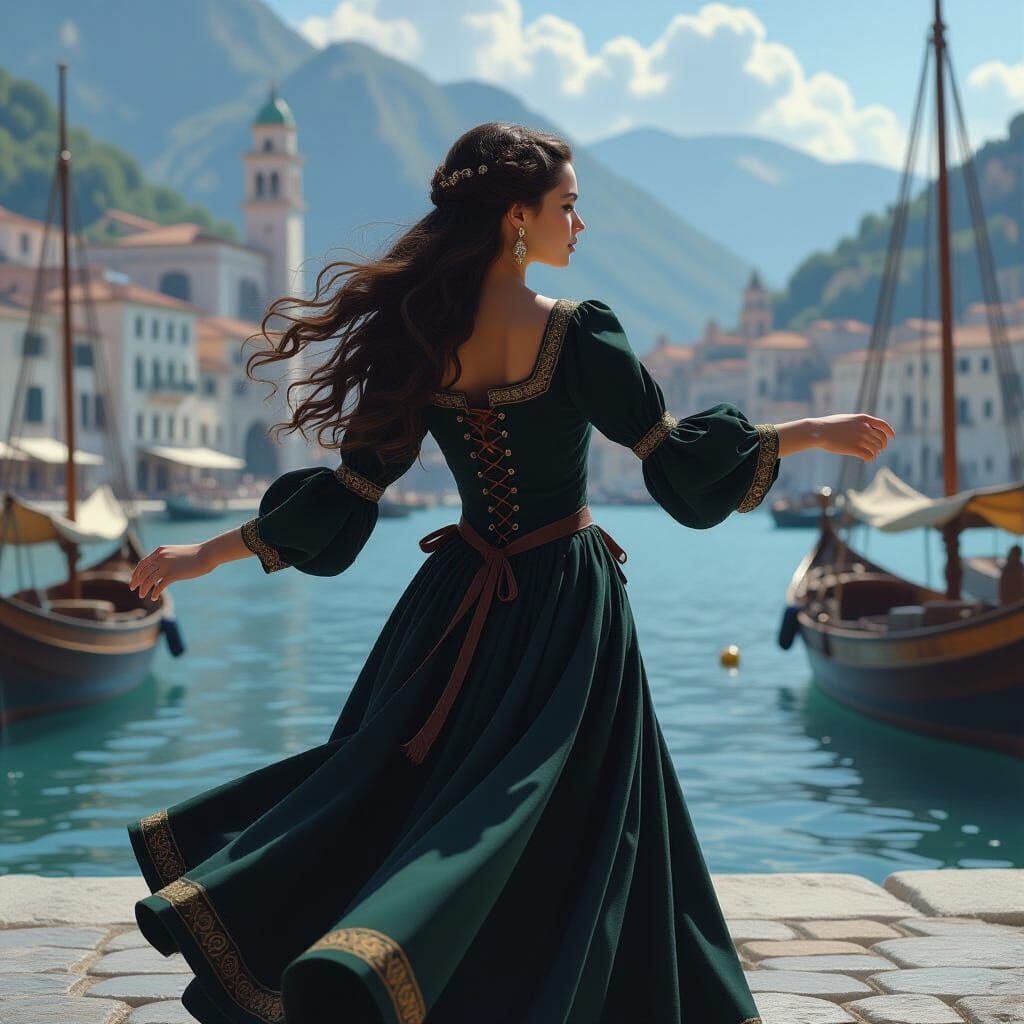 Renaissance Girl Dancing in Italian Harbor, Matte Painting