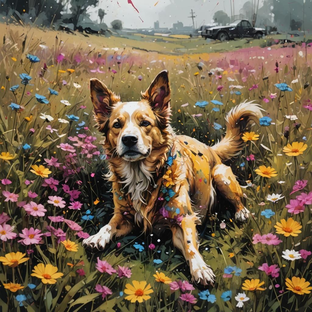 Dog in Flower Field: Splash Art Ink Painting