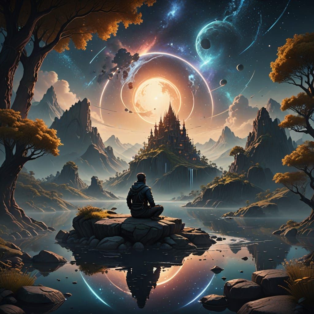 Cosmic Serenity: Figure Meditating on Floating Island