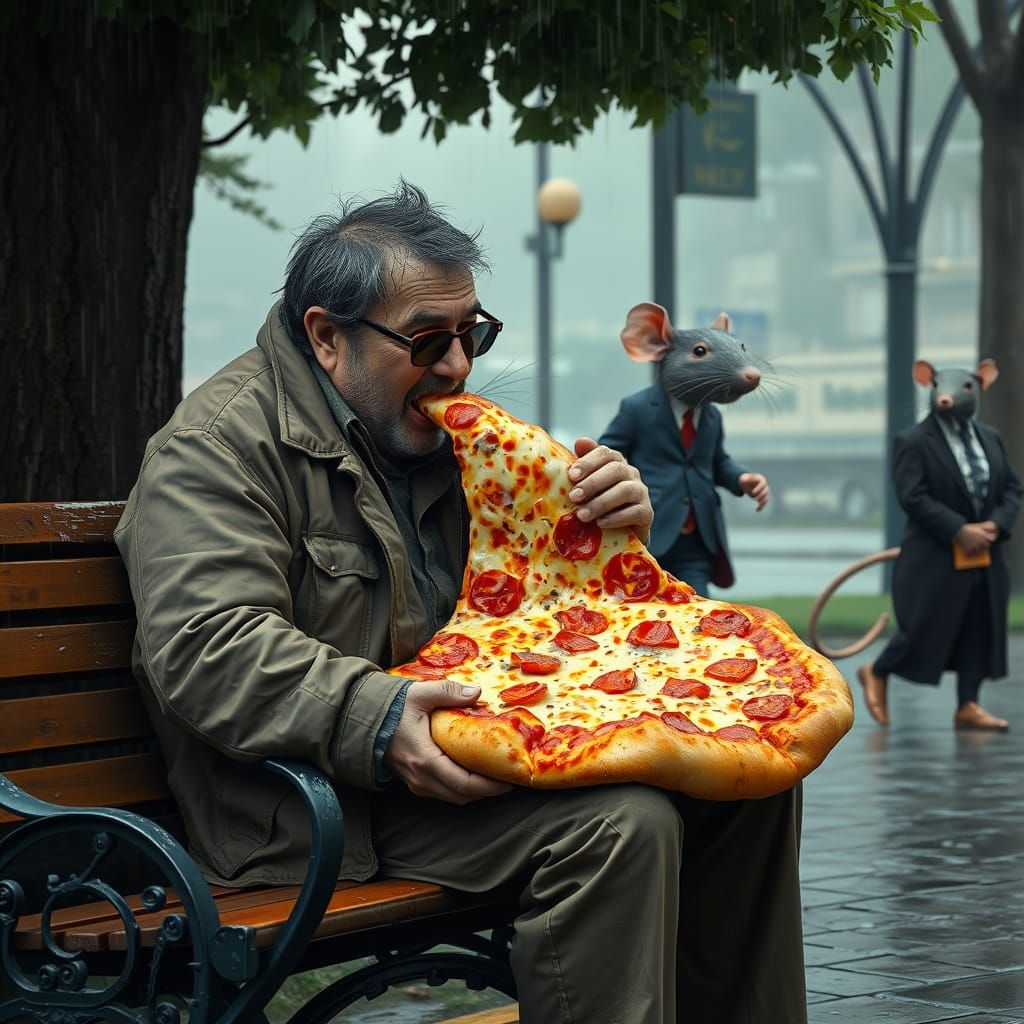 Rainy Day Pizza: Photorealistic Dystopian Scene