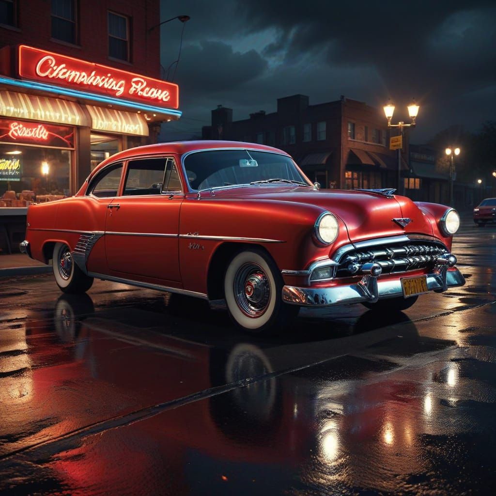 Vibrant Red 1950s Muscle Car in Dramatic Lighting