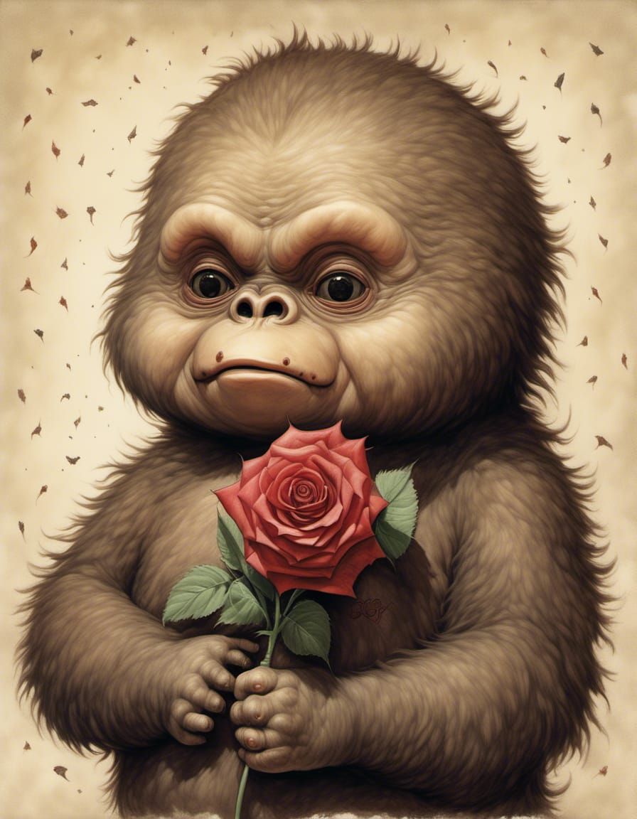 Curious Baby Sasquatch Portrait Holding a Rose