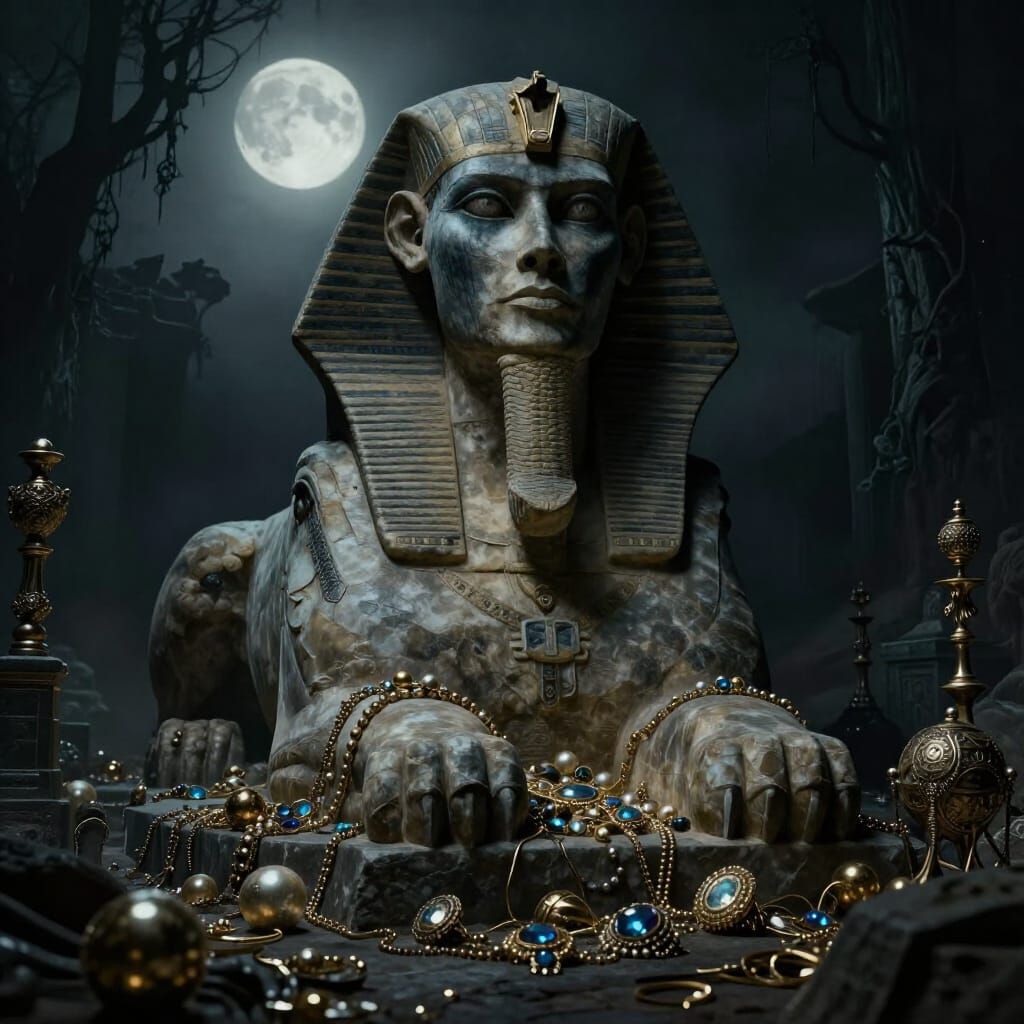 Ominous Mausoleum Guarded by Sphinx in Moonlight