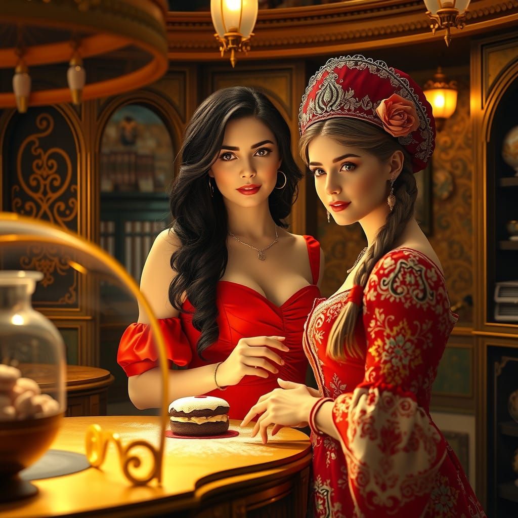 Elegant Lady Serves Sweet Treats in 18th-Century Art Nouveau...