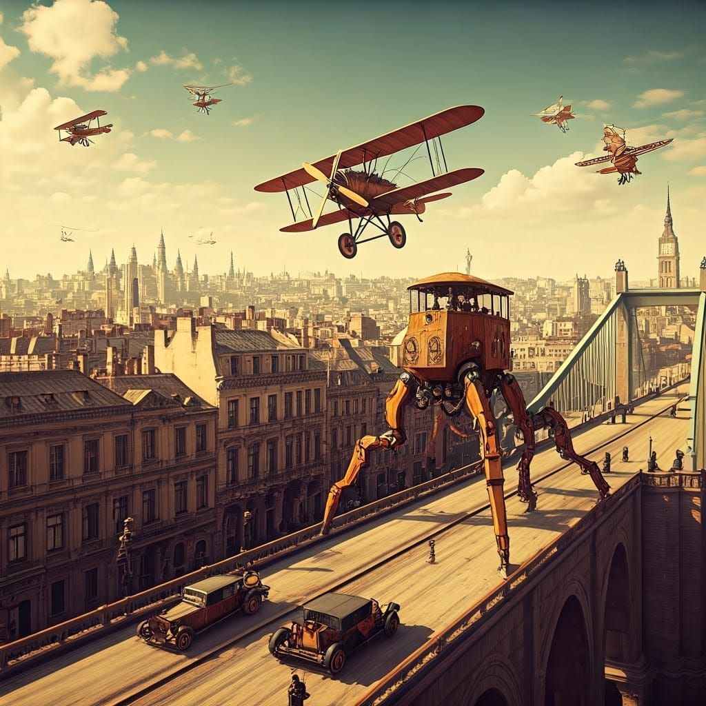 Vintage Futuristic Cityscape with Flying Machines and Steam...