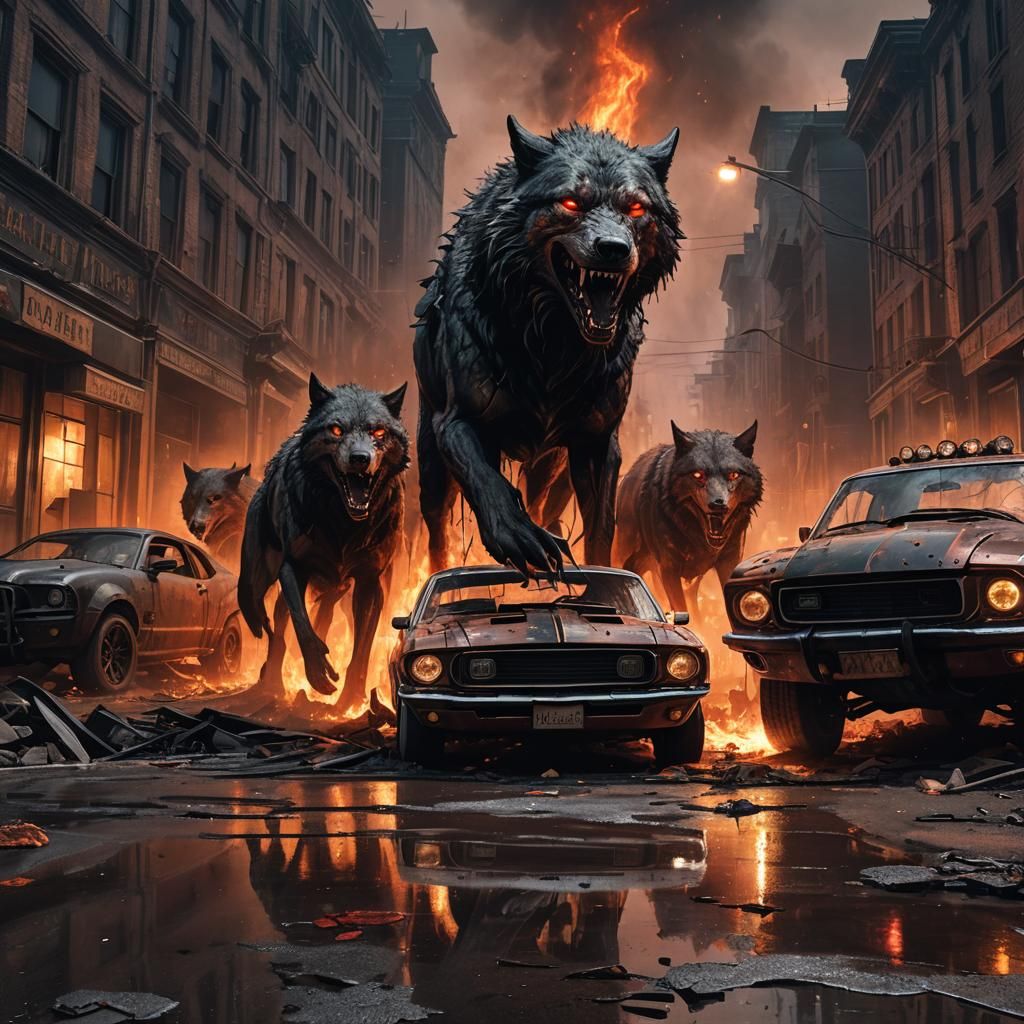 Wolves Attack Cars in Gustave Doré Dark Fantasy