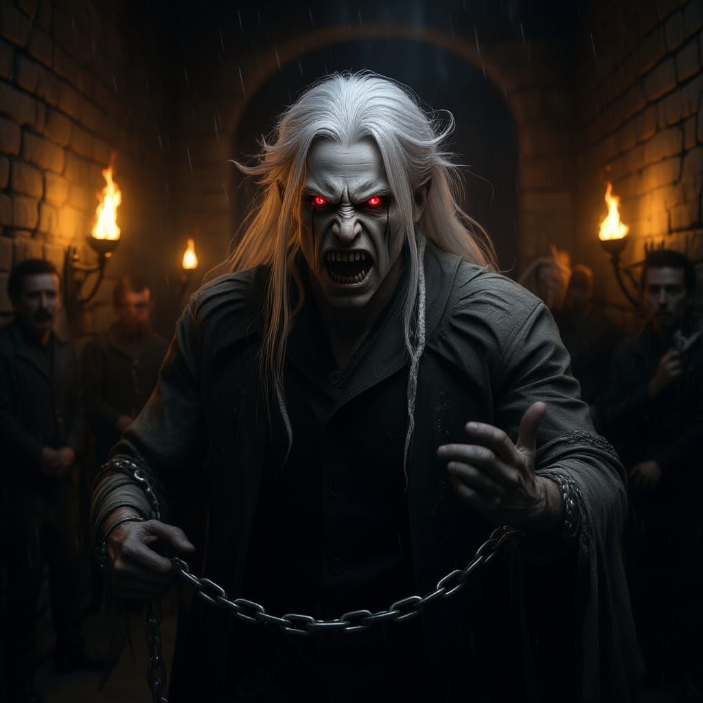 White Haired Deity Breaks Chains in Torchlit Cell