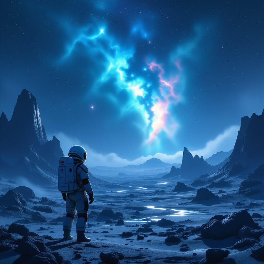 Astronaut Gazes at Cosmic Nebula on Alien World