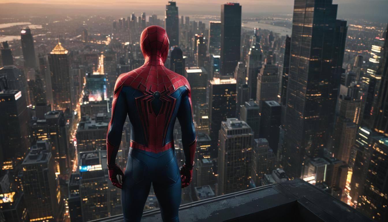 Spiderman Gazing Over City at Night: Cinematic Still