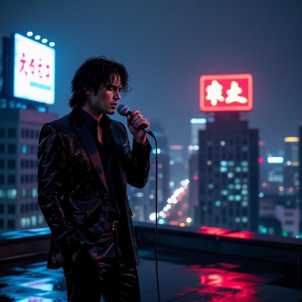 Singer on Rooftop in Urban Cinematic Style
