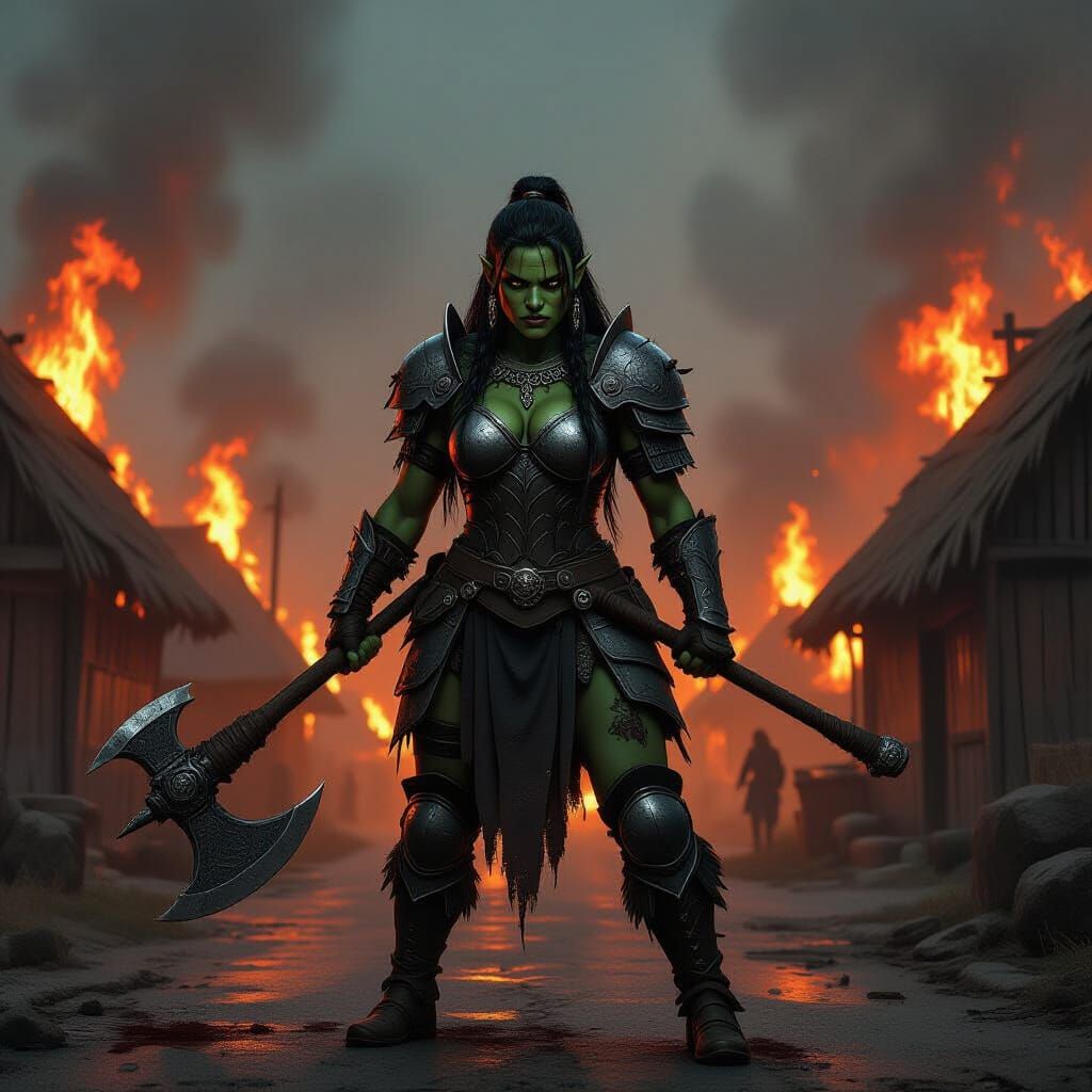 Orc Warrior in Burning Village - Dark Fantasy Concept Art