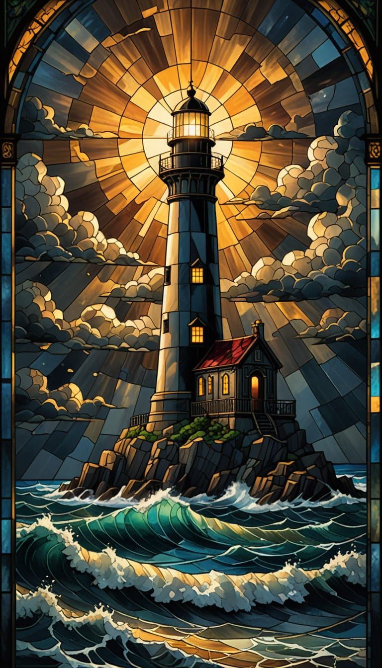 Gothic Stained Glass Lighthouse on Stormy Coast