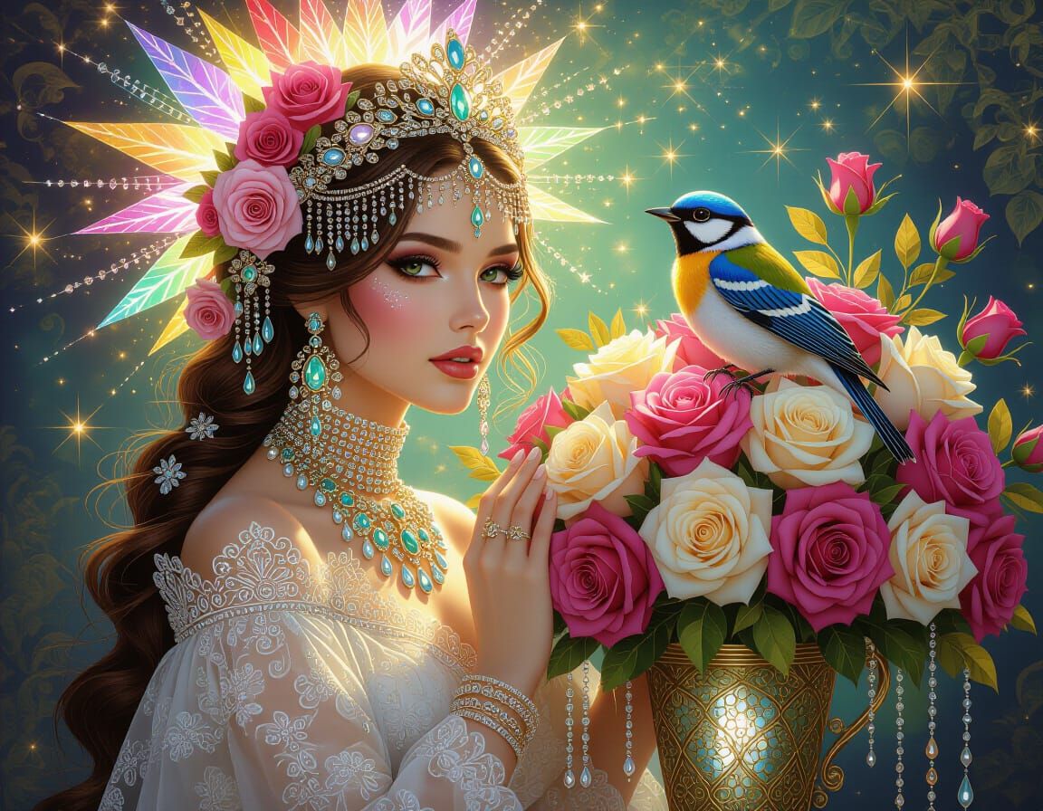 Rainbow Lady in Jewels and Roses, Ethereal Fantasy