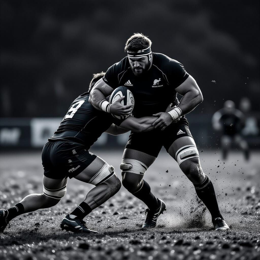 Rugby Player in Stark Black & White Mid-Tackle