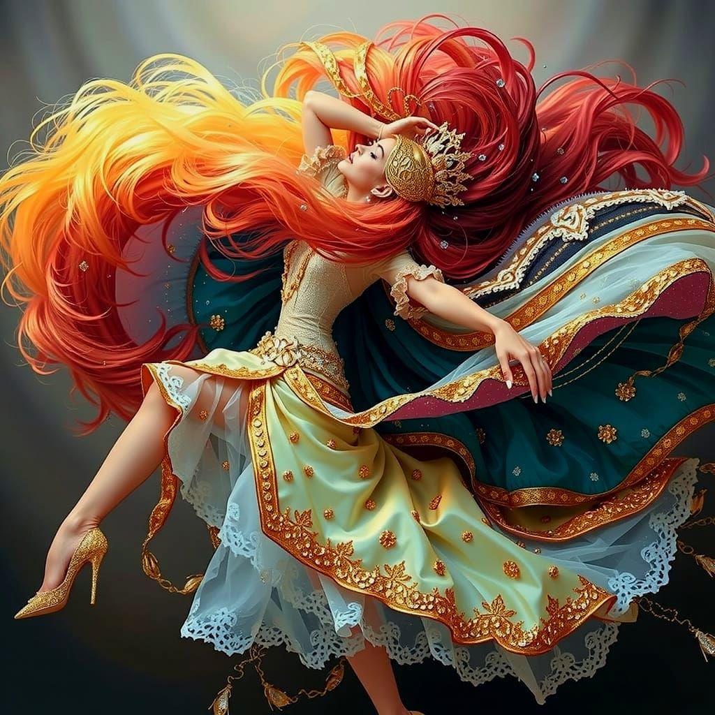 Glamorous Dancer in Haute Couture with Shimmering Hair