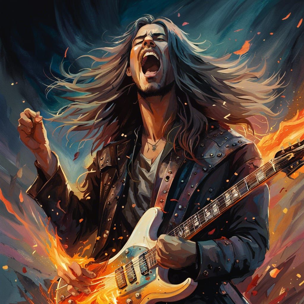 Fiery Guitarist Watercolor Illustration