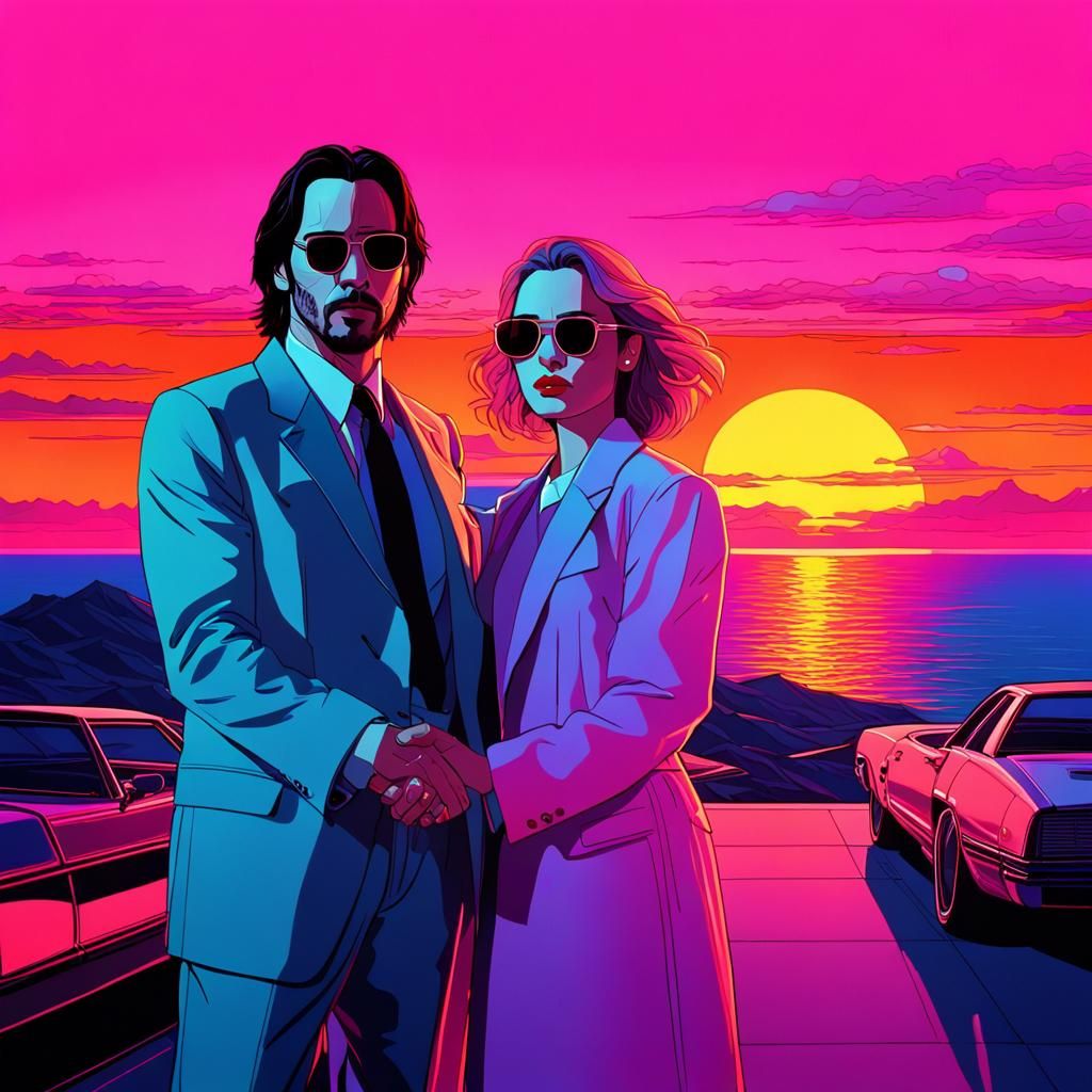 Retro Neon Sunset: Couple in 1980s Synthwave Style