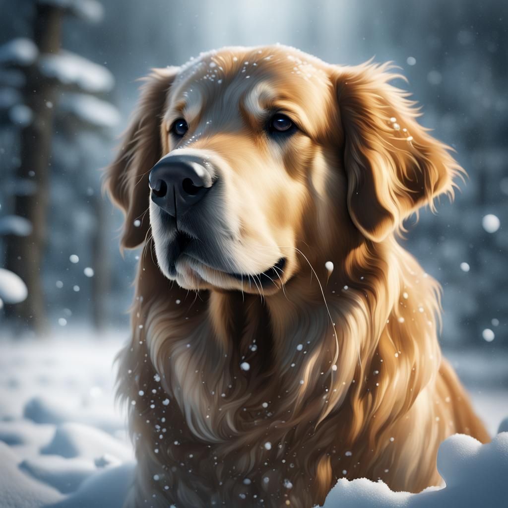 Golden Retriever in Snowy Fantasy Landscape