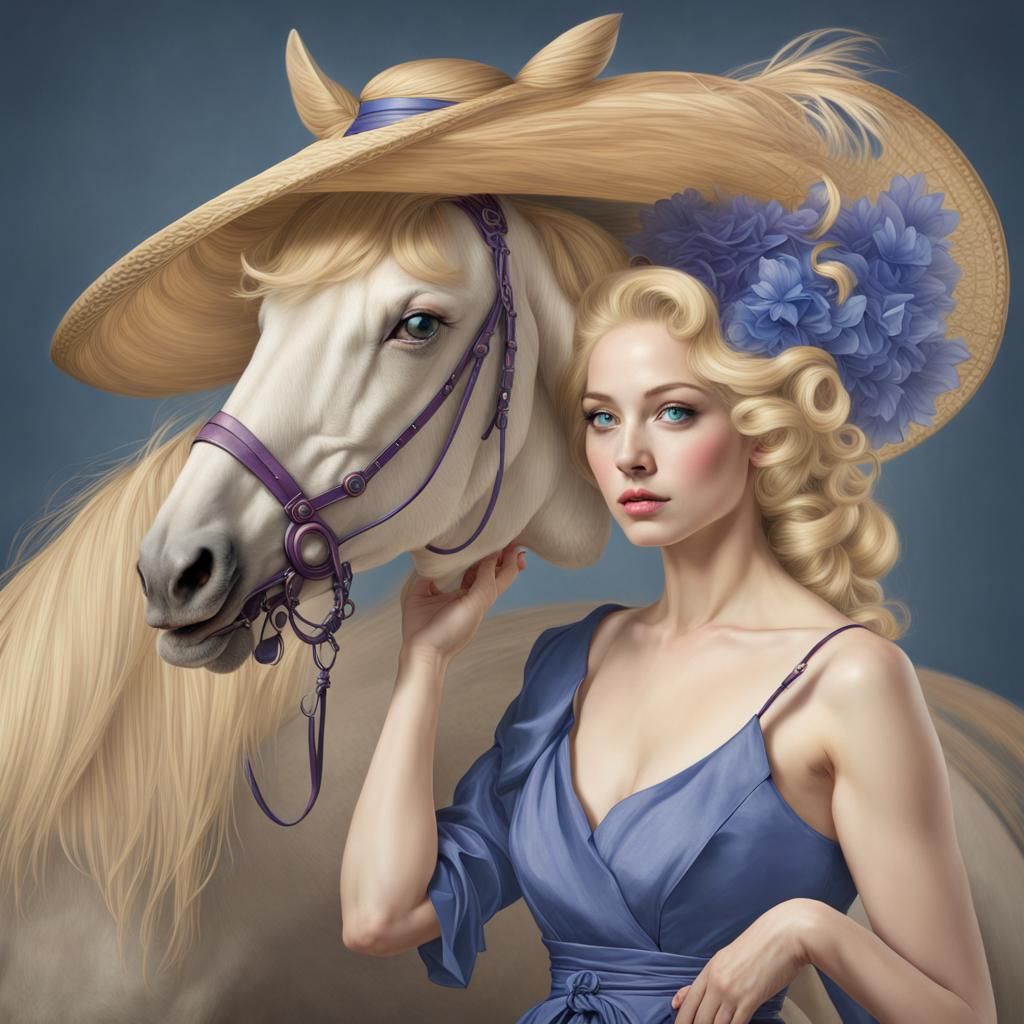 Victorian Woman Riding Horse on Beach in Mystical Style