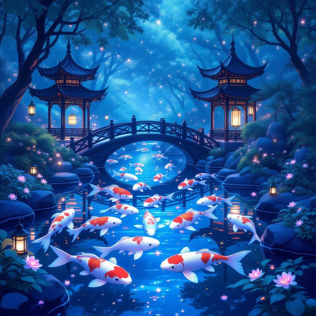 Celestial Koi Pond in Bioluminescent Forest: 3D Anime Art