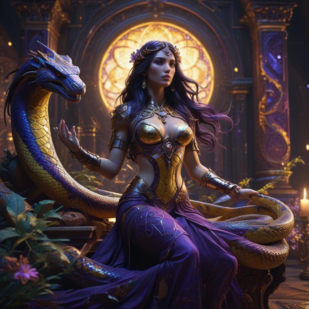 Dark Fantasy Warrior Goddess Enchants Ancient Python