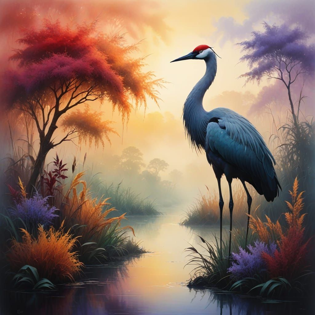 Majestic Royal Crane in Morning Mist