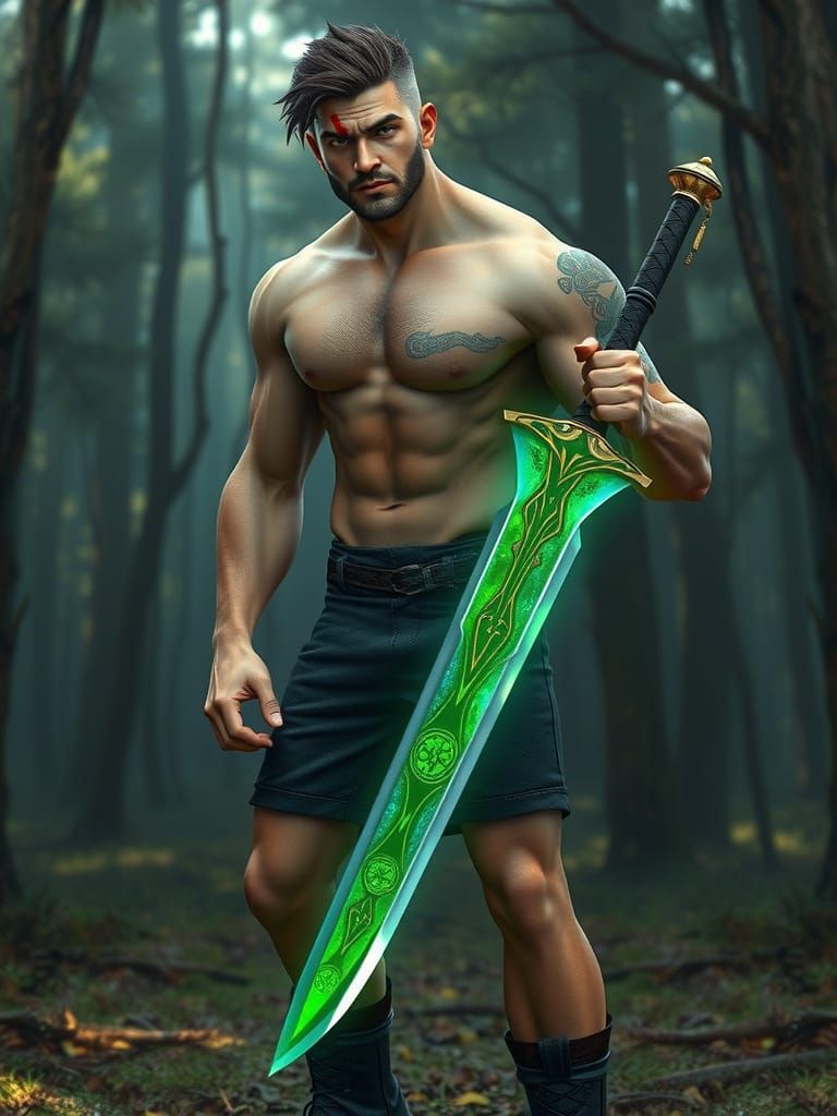 Tall Warrior in Dark Forest, Cyberpunk-Inspired 3D Art