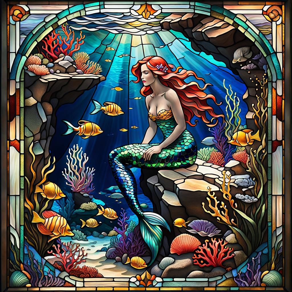 Art Deco Mermaid in Stained Glass Seascape