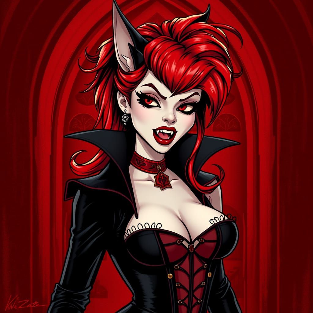 Vampire Jessica Rabbit in Crimson Gown with Fierce Fangs
