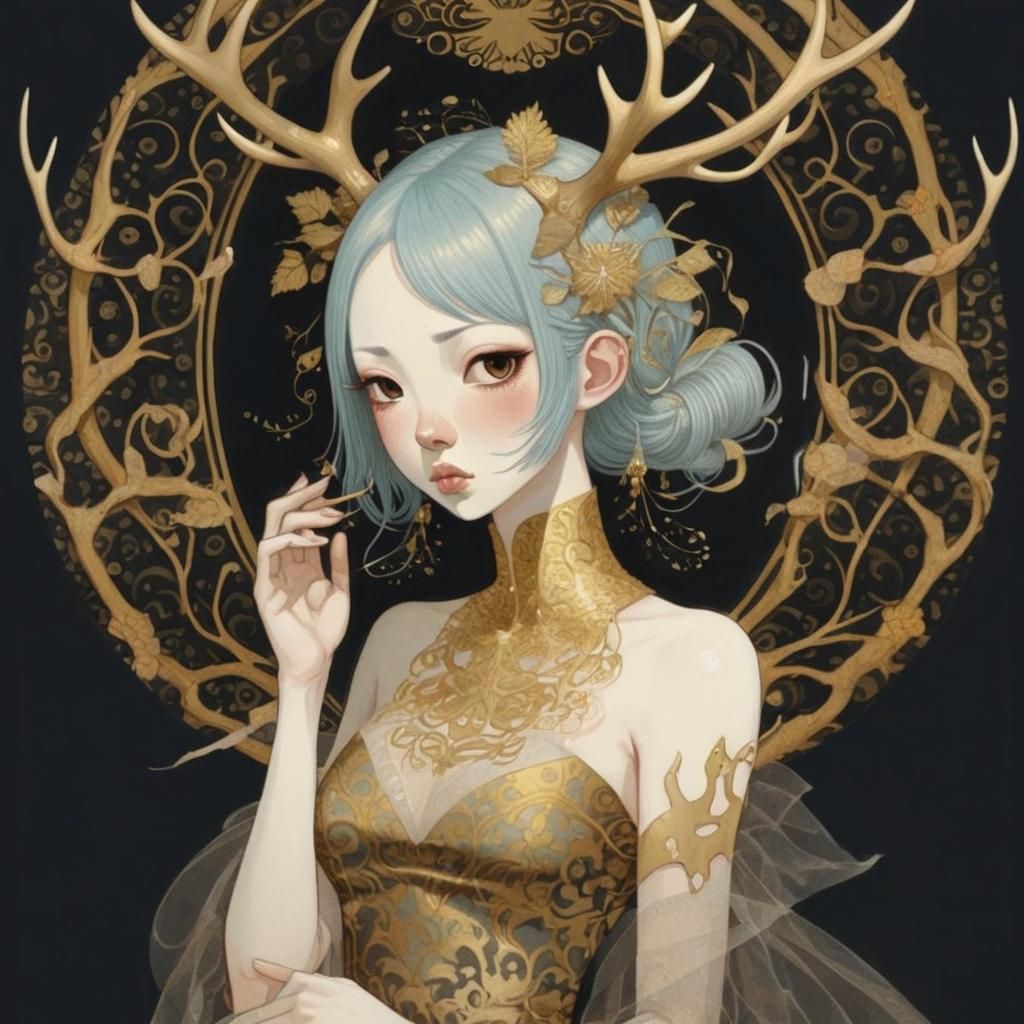 Golden Deer with Antlers in Surreal Illustration