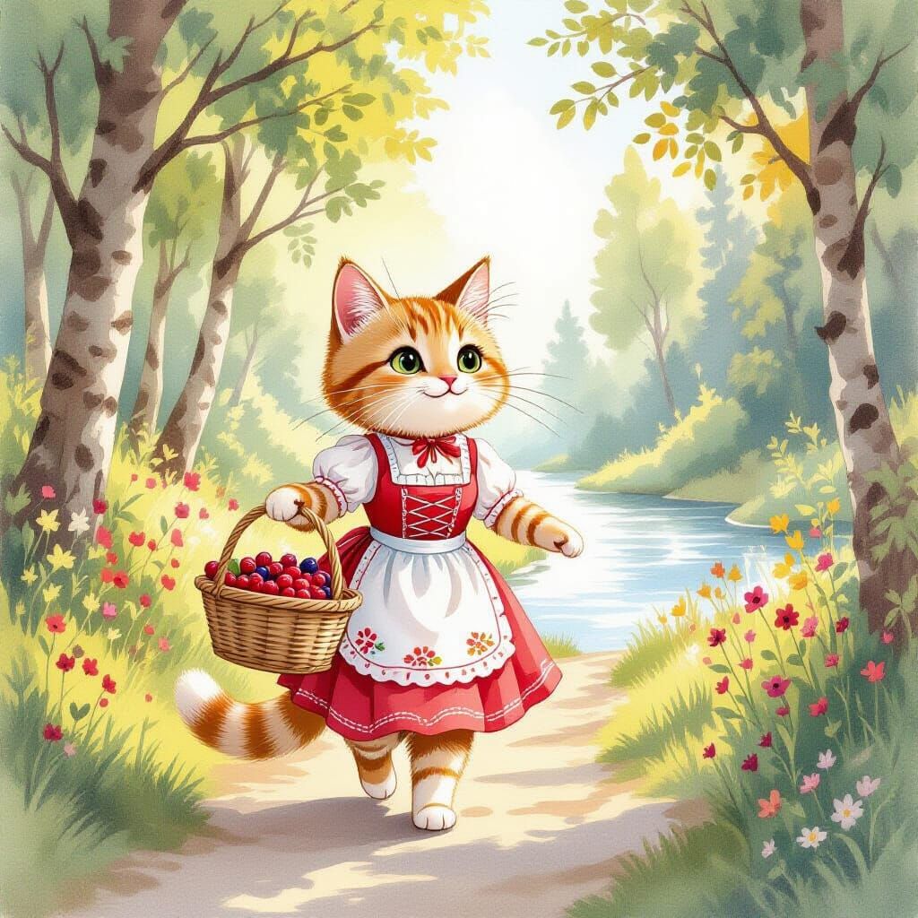 Anthropomorphic Cat Walks Forest Path in Storybook Style