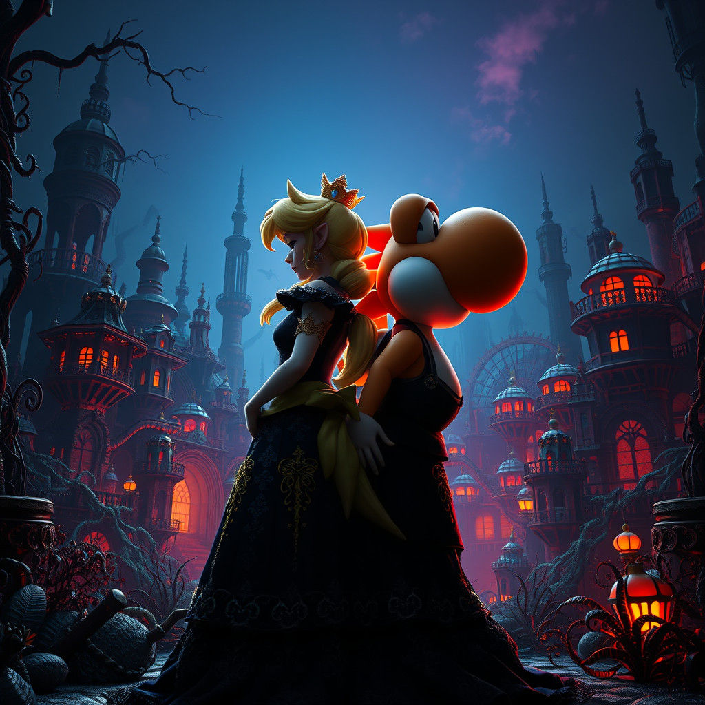 Dark Fantasy Princess Peach and Yoshi in Ruined Kingdom