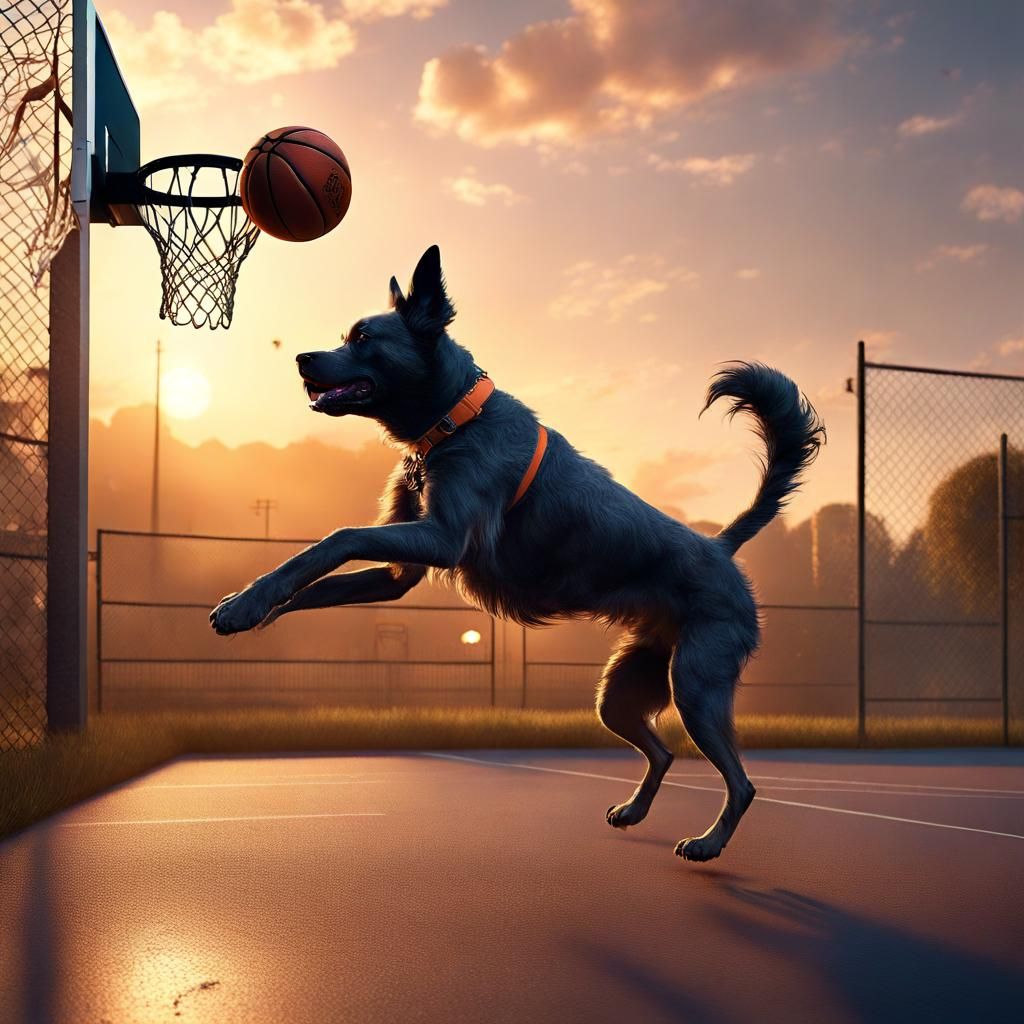 Dog Dunking Basketball at Sunset: Fantasy Concept Art