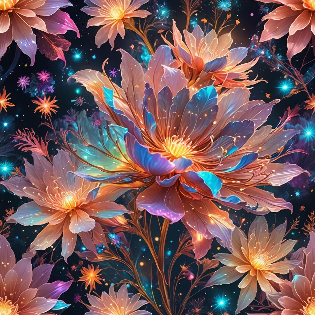 Cosmic Botanical Illustration: Iridescent Flower in Astral E...