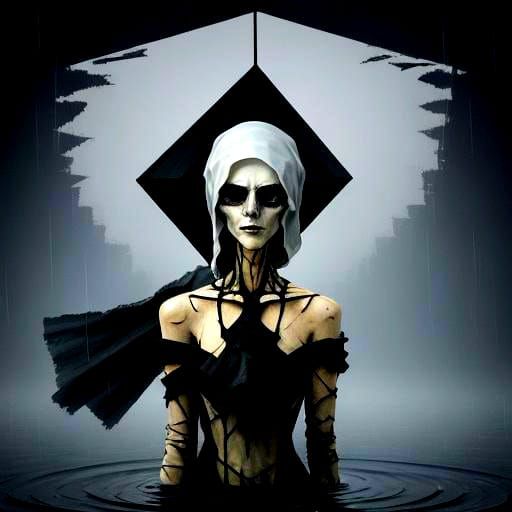 Creepy Female Wraith over Foggy Pond in Cubist Style