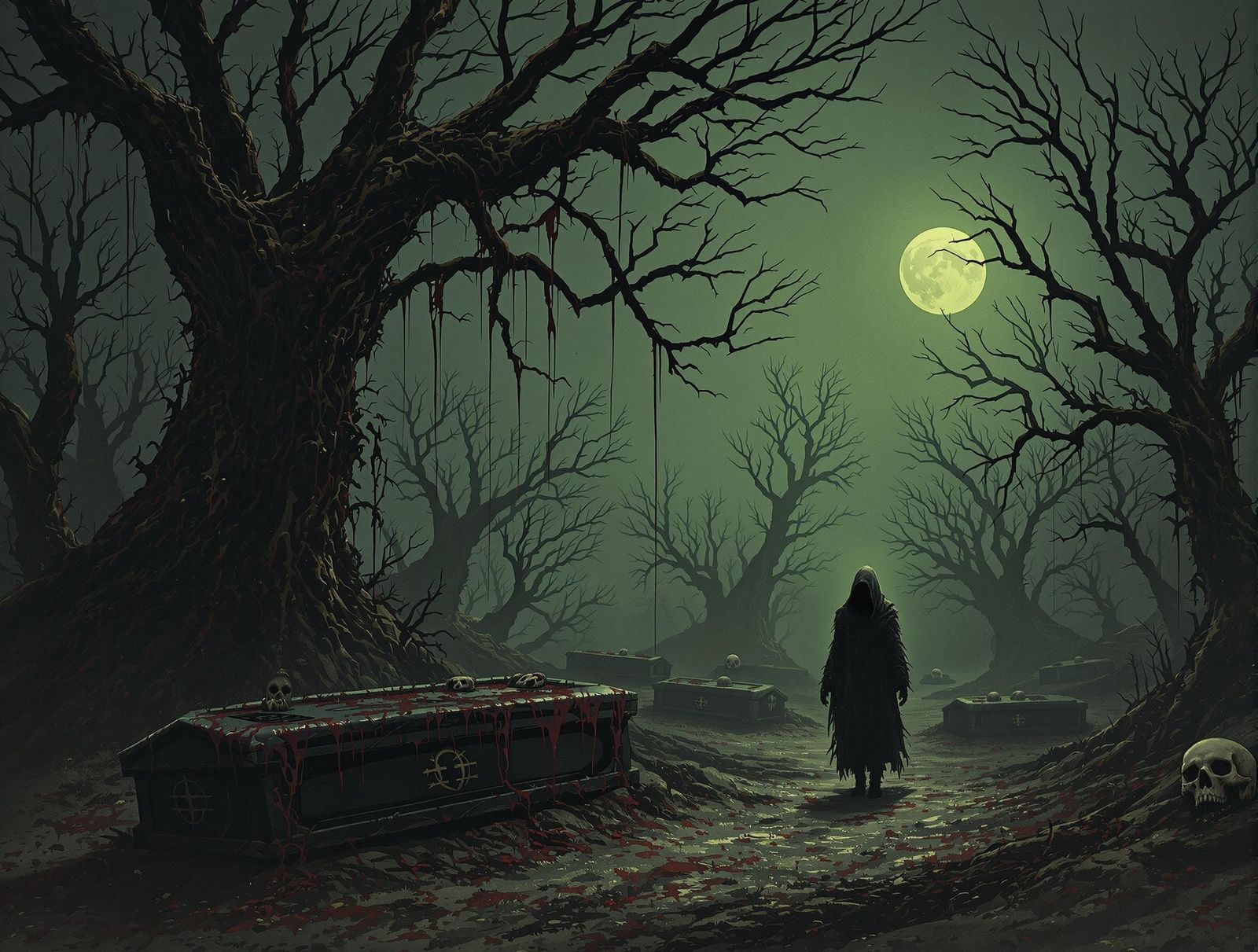 Skeletal trees, their branches dripping with viscous, black ...