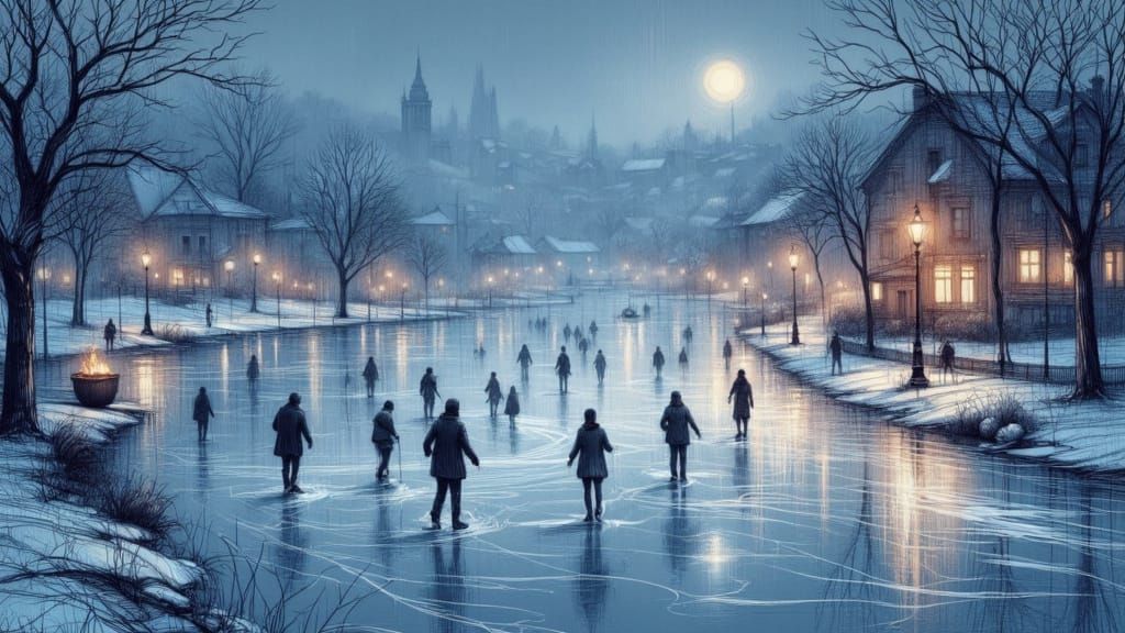 Ice Skating on Frozen Lake at Night