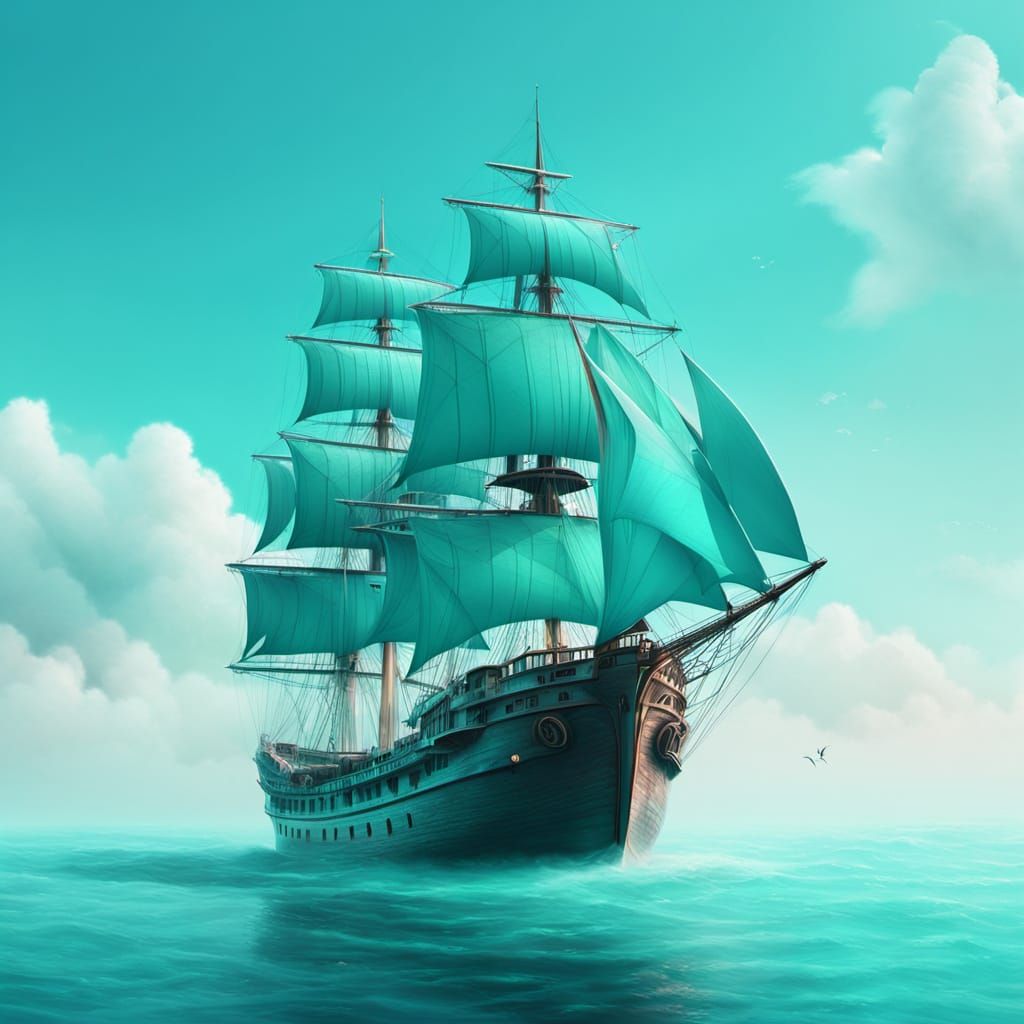 Surreal Turquoise Ship in Dreamlike Digital Art