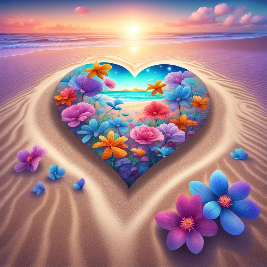 Heart-Shaped Flowers on Sandy Beach: Cosmic Illustration